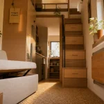 Aménagement tiny house lumineux : canapé coffre, table escamotable et mezzanine avec rangements intégrés