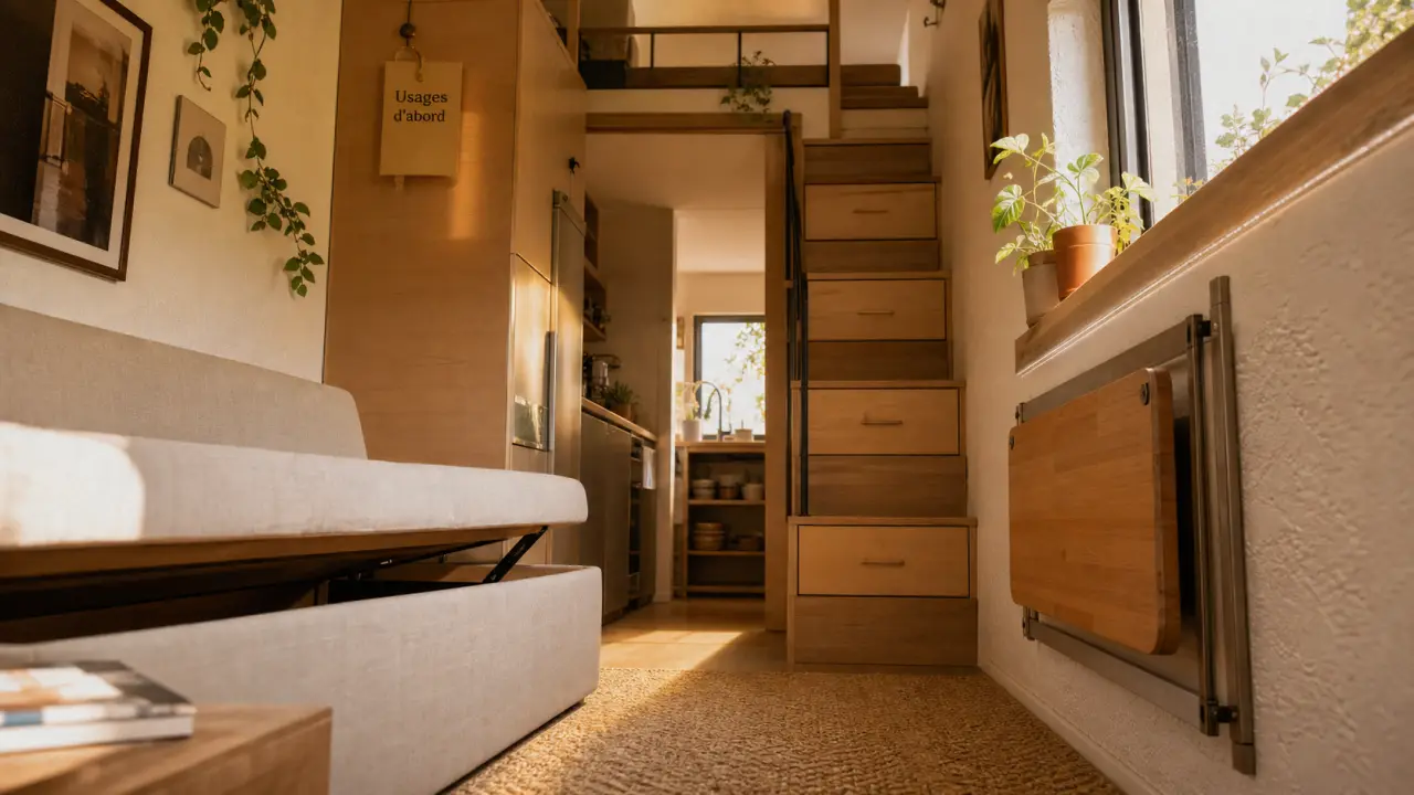 Aménagement tiny house lumineux : canapé coffre, table escamotable et mezzanine avec rangements intégrés