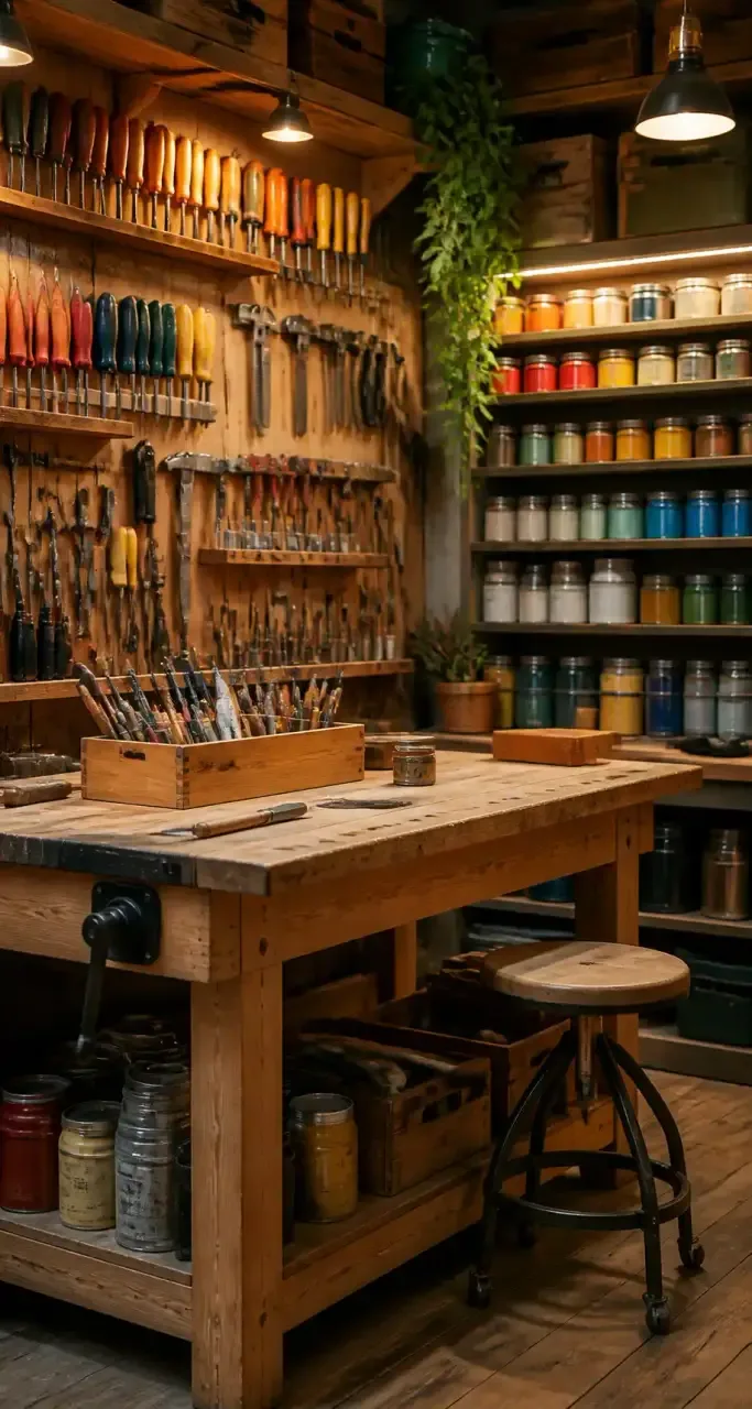 Établi d'atelier de bricolage avec outils et pots de peinture soigneusement rangés