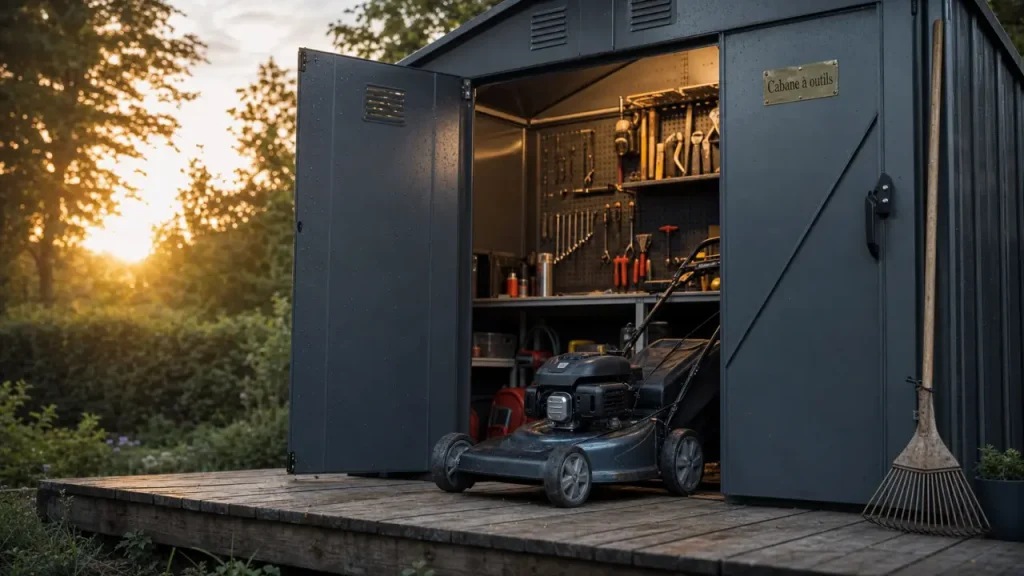 Cabane à outil de jardin durable en métal anthracite, plancher surélevé