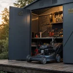 Cabane à outil de jardin durable en métal anthracite, plancher surélevé