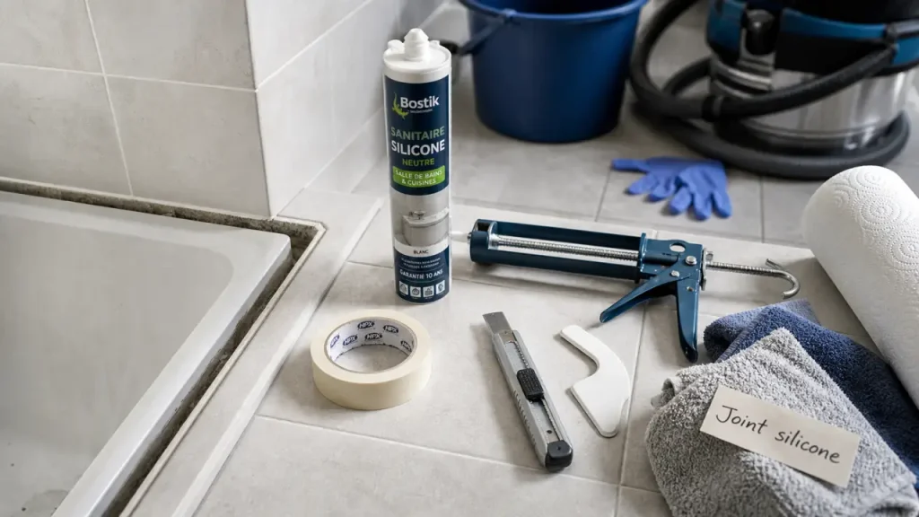 Changer joints baignoire : mastic silicone et gorge propre avec marge 5 mm