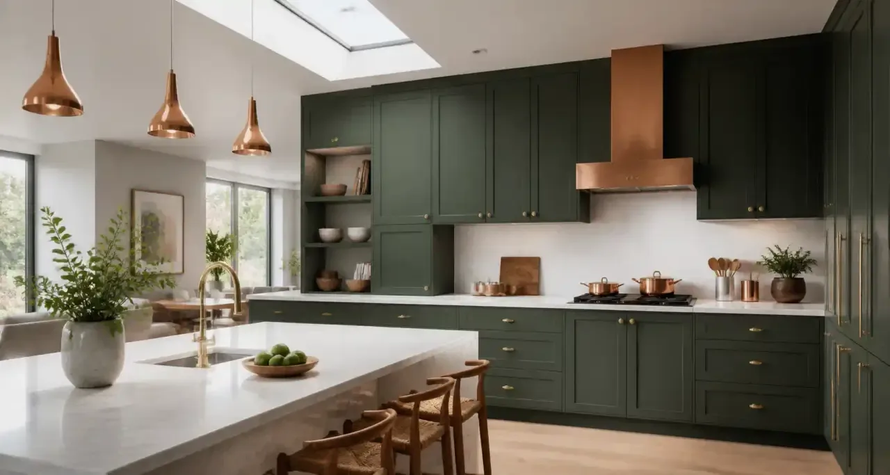 Cuisine aux armoires repeintes en vert forêt dans un style scandinave
