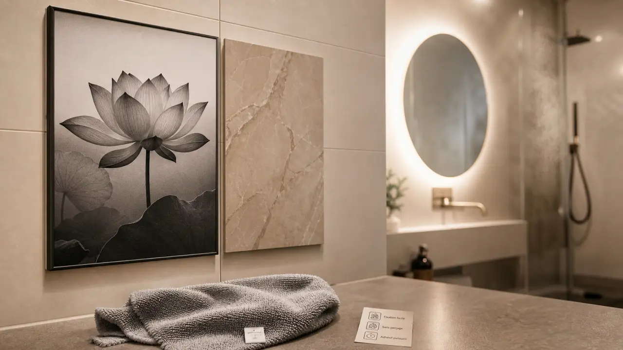 Décoration murale salle de bain : cadre métal et toile lavable dans une salle de bain humide