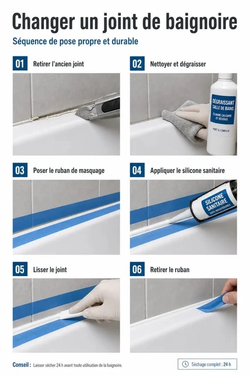 Changer joints baignoire : étapes visuelles pour retirer l’ancien joint, nettoyer, appliquer et lisser un nouveau joint silicone