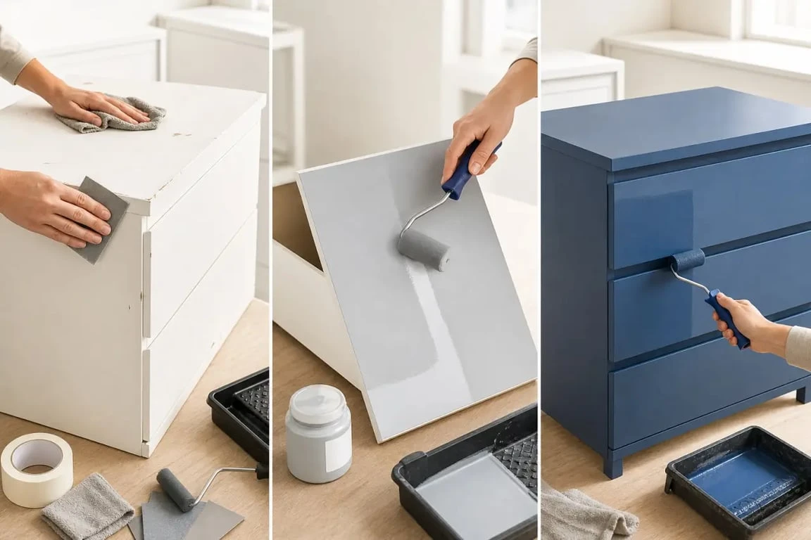 Repeindre meuble IKEA : préparation, primaire et peinture sur une commode en trois étapes