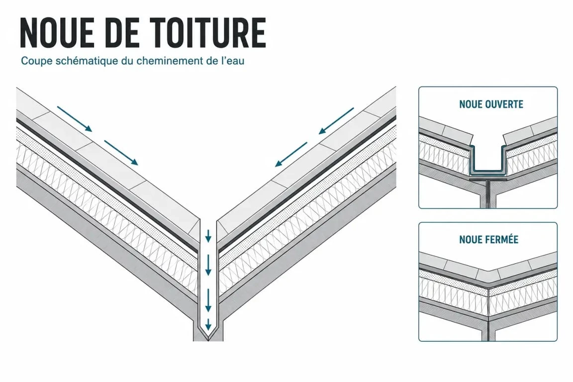 Noue toiture en coupe avec comparaison entre noue ouverte et noue fermée