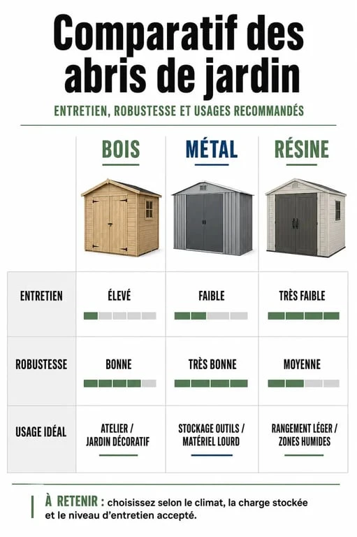 Infographie comparative des matériaux pour cabane à outil de jardin : bois, métal et résine