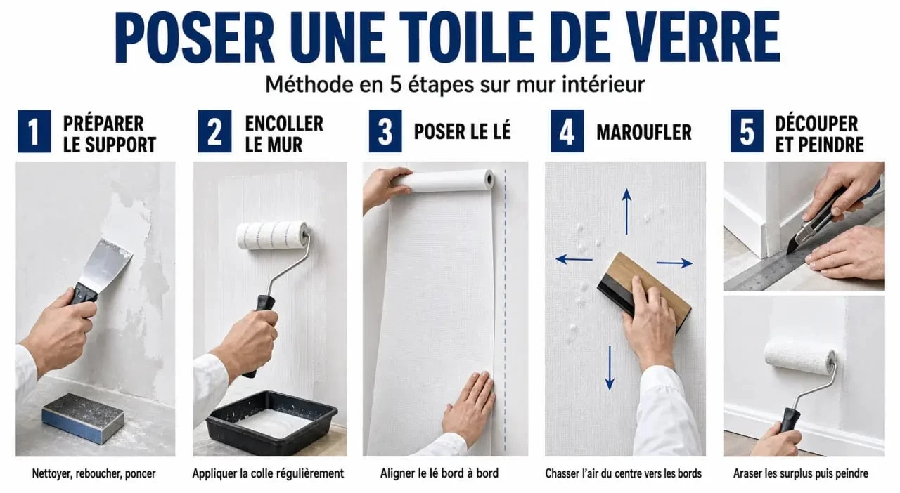 Pose toile de verre murale en étapes sur un mur intérieur