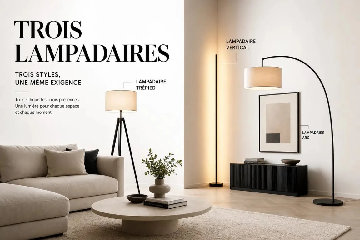 Trois styles de lampe de salon sur pied : vertical, trépied et arc dans un intérieur moderne.