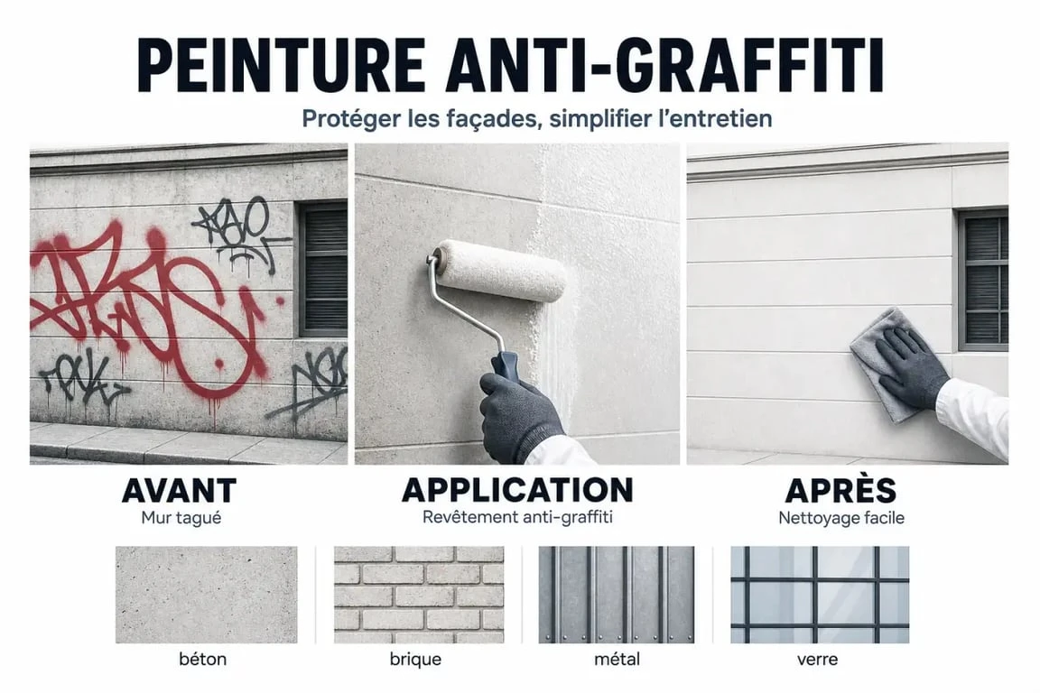 Peinture anti graffiti sur façade urbaine avant et après traitement, avec supports compatibles béton et métal