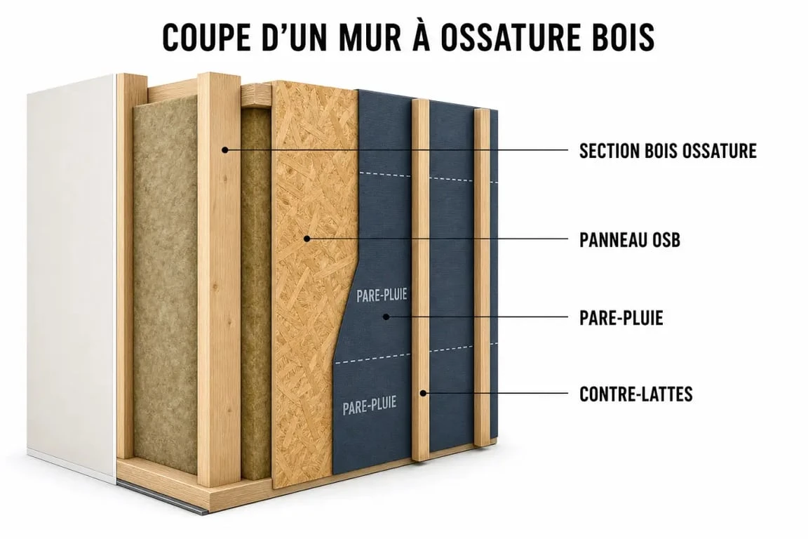 Schéma de coupe d'un mur en ossature bois illustrant la section bois ossature et les couches techniques