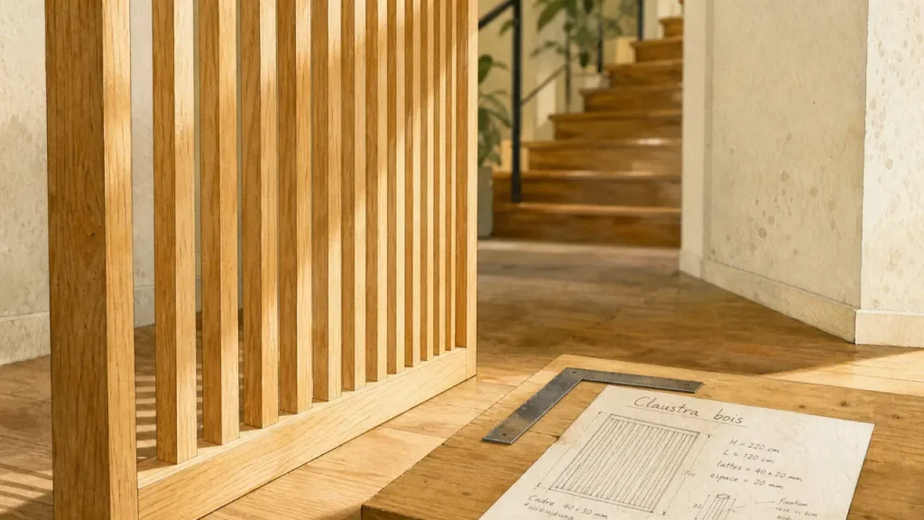 Fabriquer claustra bois : claustra en tasseaux bois clairs, ombres entre lattes
