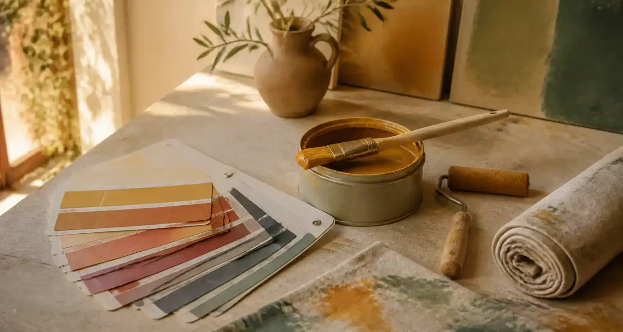 Établi de peintre baigné de lumière naturelle avec un pot de peinture ocre, un pinceau, un nuancier déplié et un rouleau posés sur un plan de travail en enduit clair
