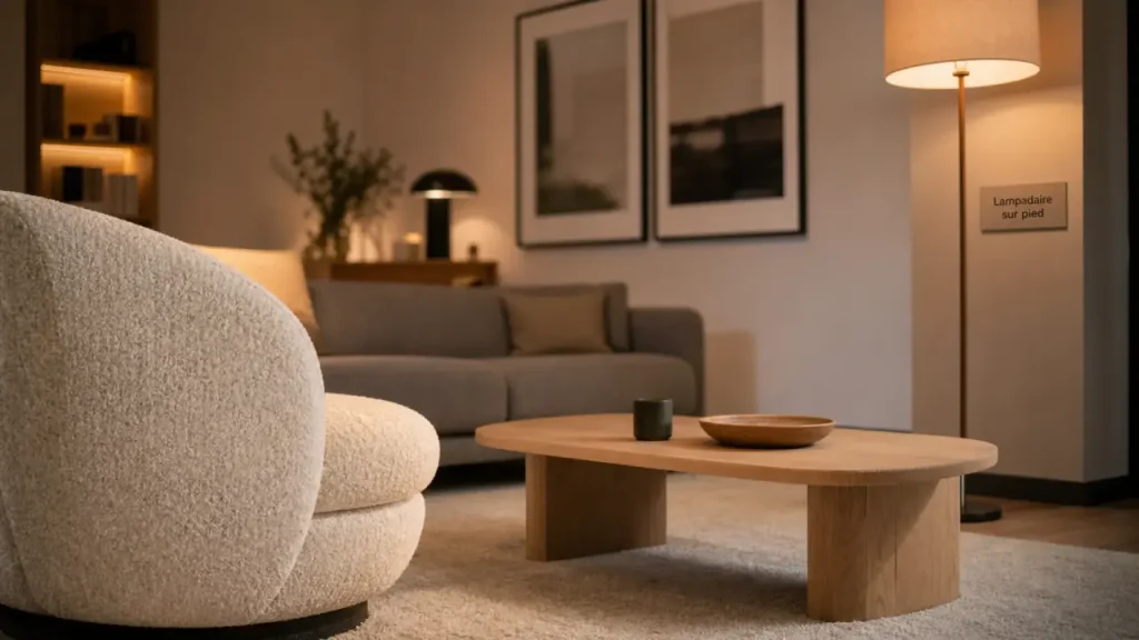 Lampe de salon sur pied dans un salon moderne, lumière chaude 2700K.