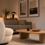 Lampe de salon sur pied dans un salon moderne, lumière chaude 2700K.