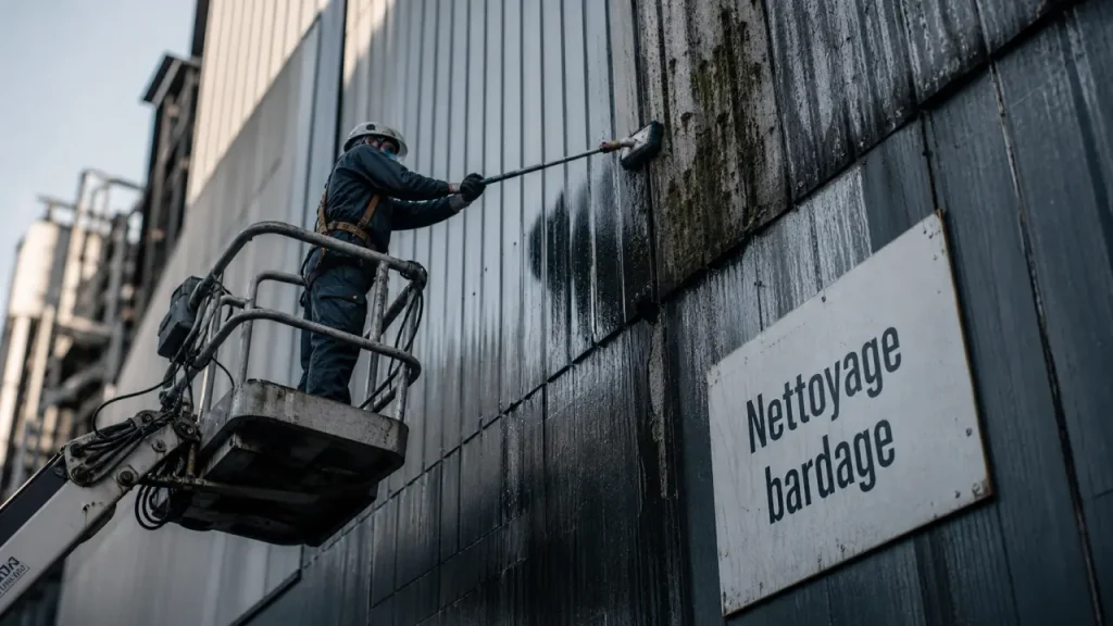 Nettoyage bardage industriel : technicien en nacelle pour retirer mousses et traces sur tôle