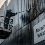Nettoyage bardage industriel : technicien en nacelle pour retirer mousses et traces sur tôle