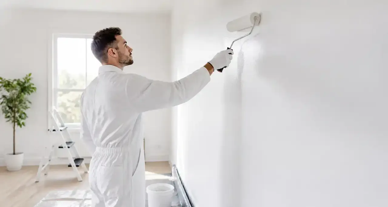 Peintre professionnel appliquant une couche de peinture claire sur un mur en rénovation intérieure