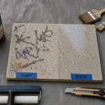 Peinture anti graffiti : pot, brosses et film transparent sur plaque test