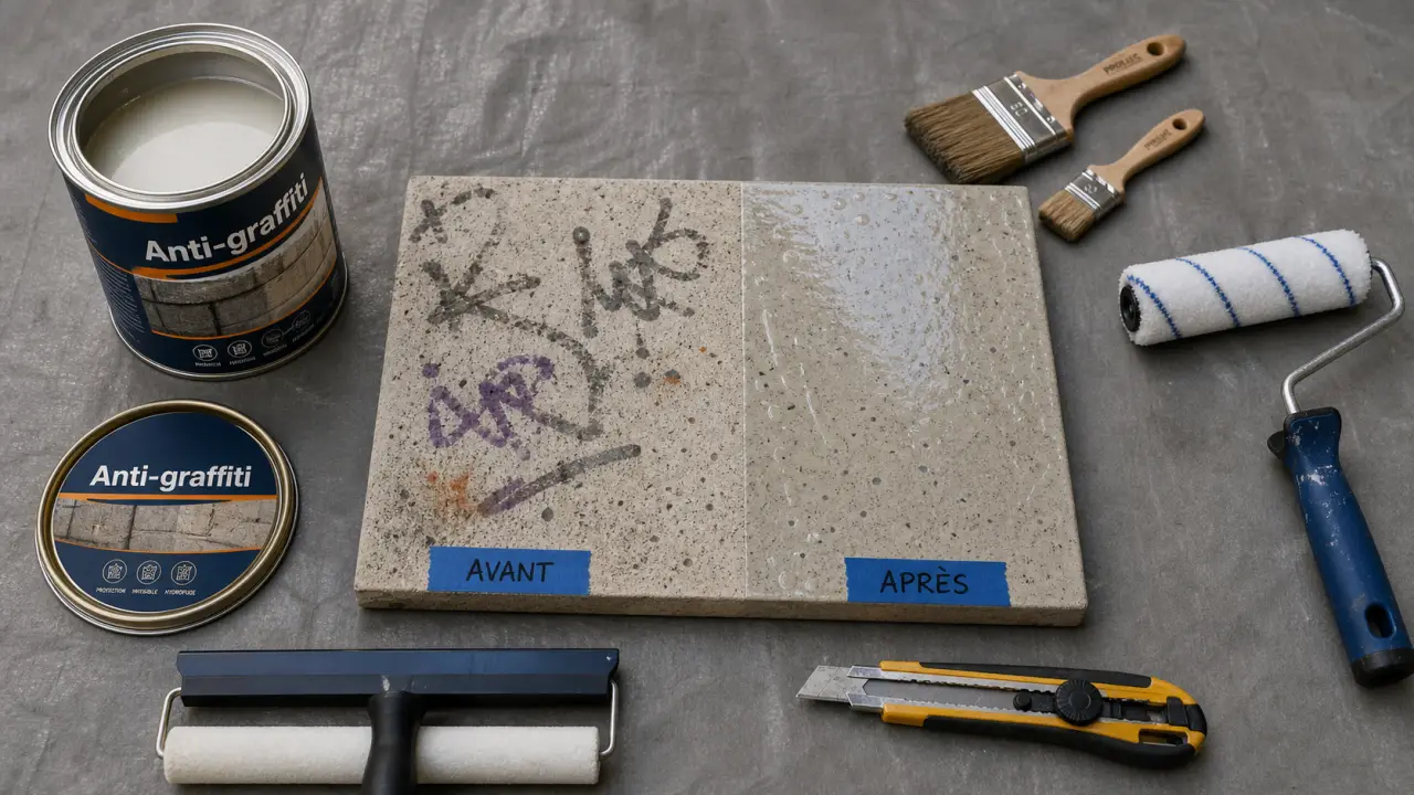 Peinture anti graffiti : pot, brosses et film transparent sur plaque test