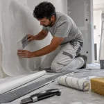 Pose toile de verre murale en cours, marouflage sans bulles