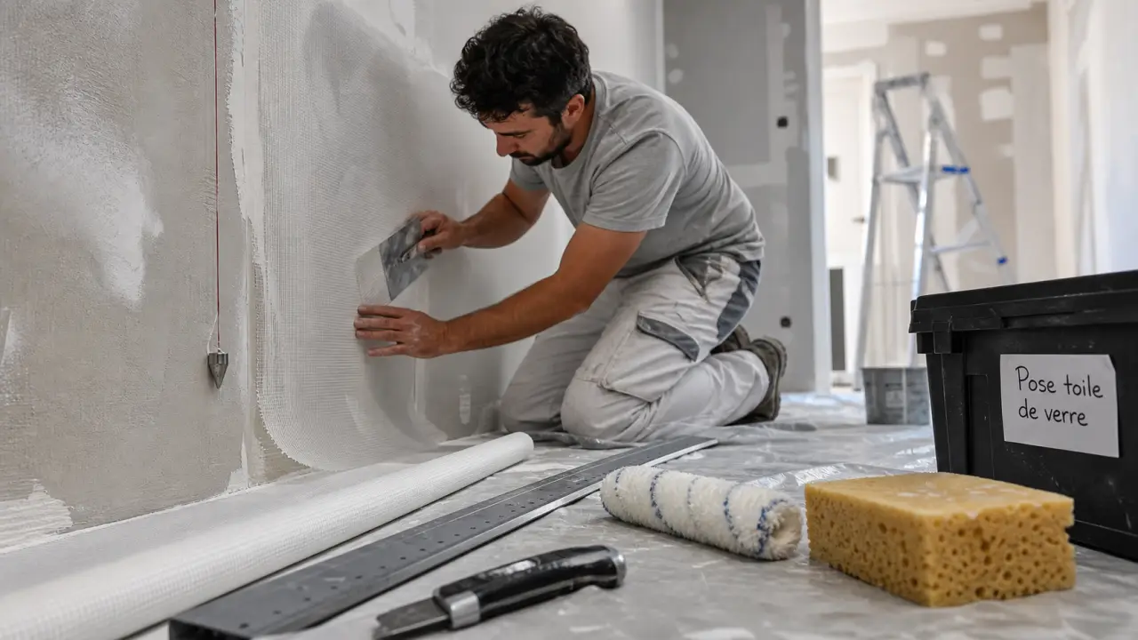 Pose toile de verre murale en cours, marouflage sans bulles
