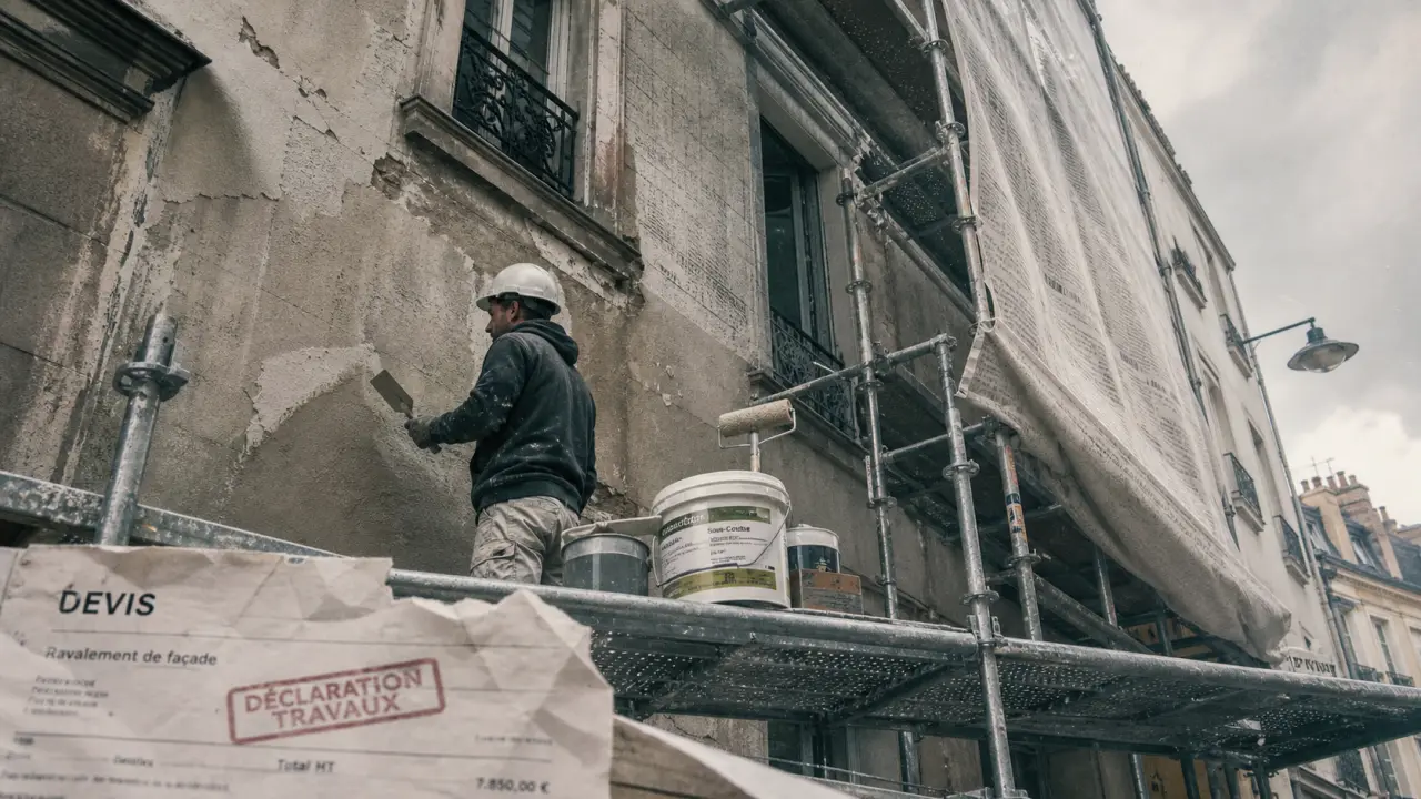 Ravalement de façade rennes : façade en cours, échafaudage et enduit humide