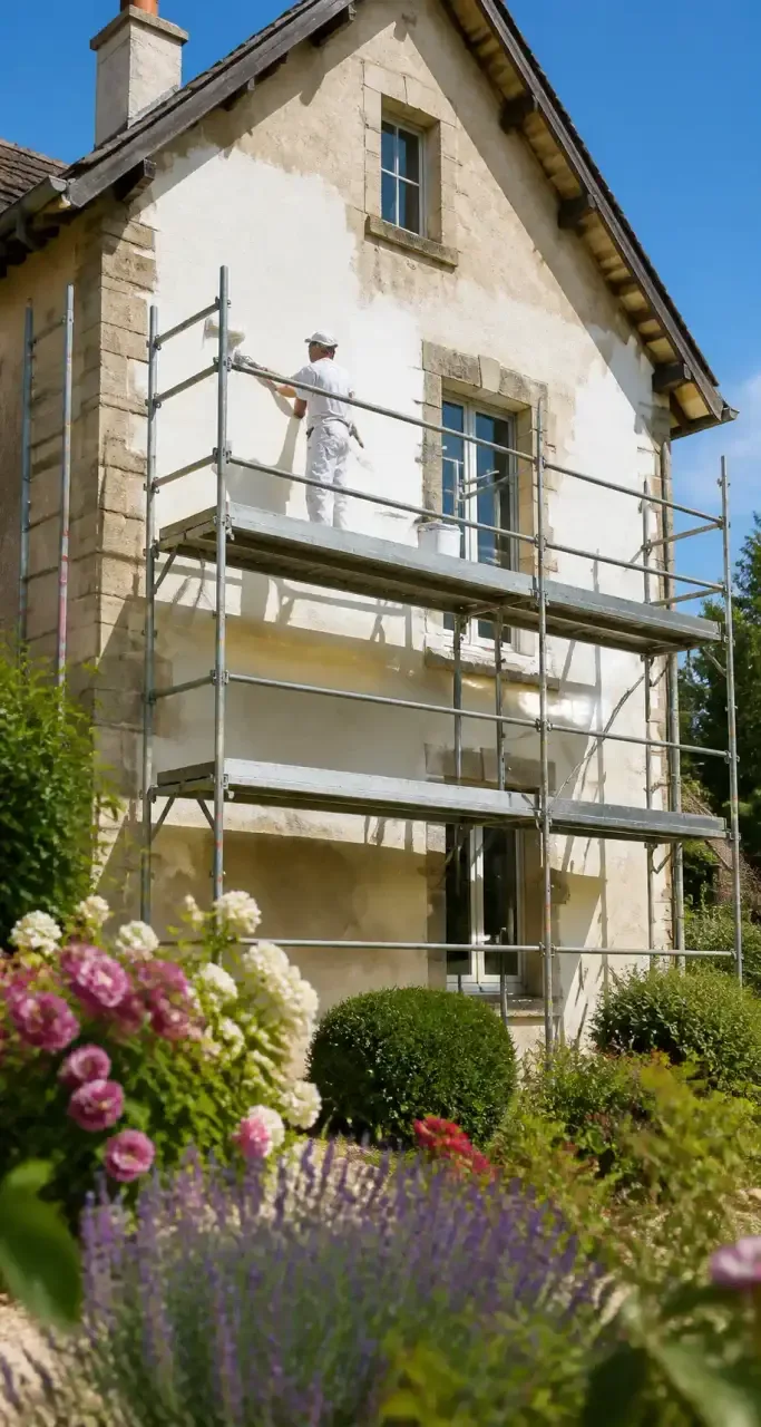 Artisan réalisant le ravalement et la peinture extérieure de la façade d'une maison