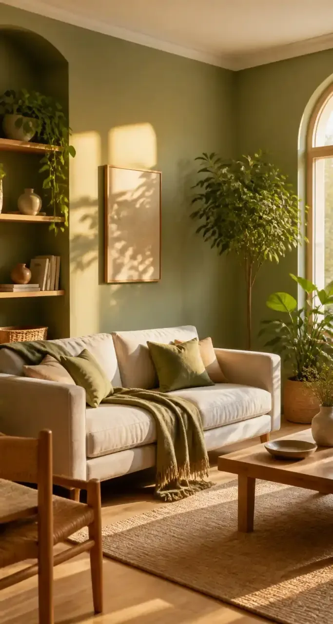 Salon rénové aux murs vert sauge, décoration intérieure chaleureuse