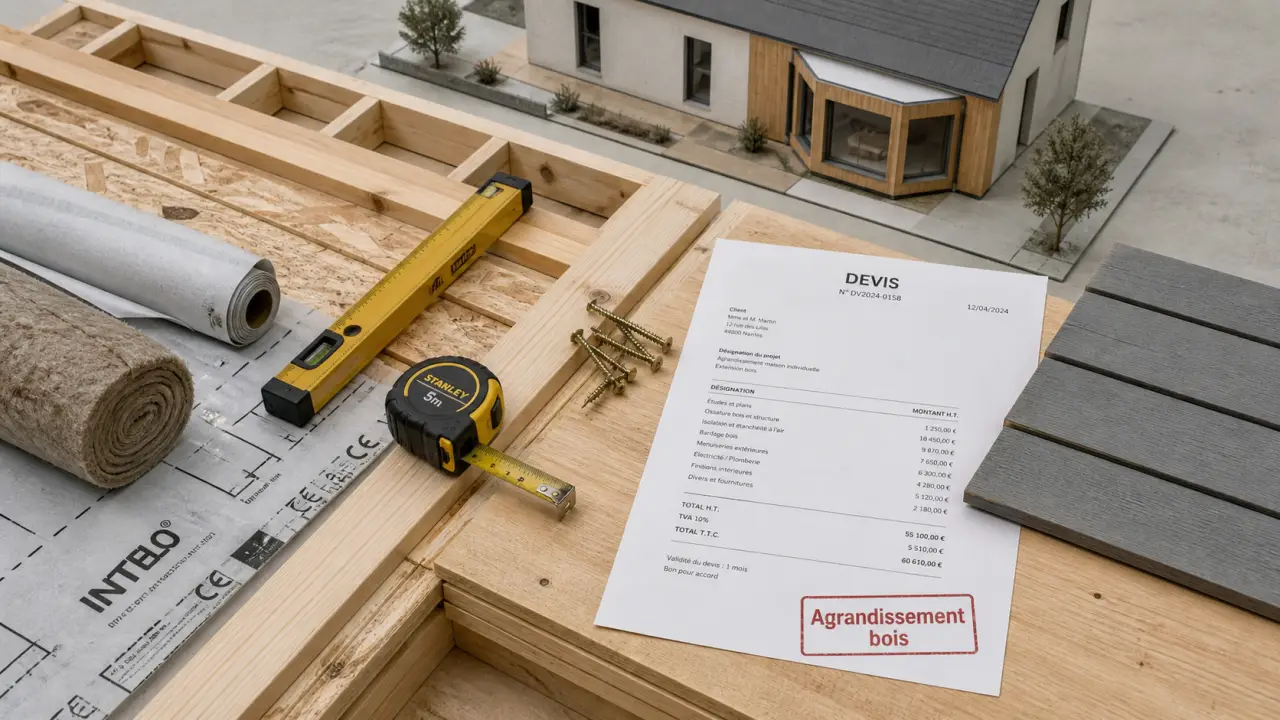 Agrandissement maison ossature bois : panneaux d’ossature sur chantier