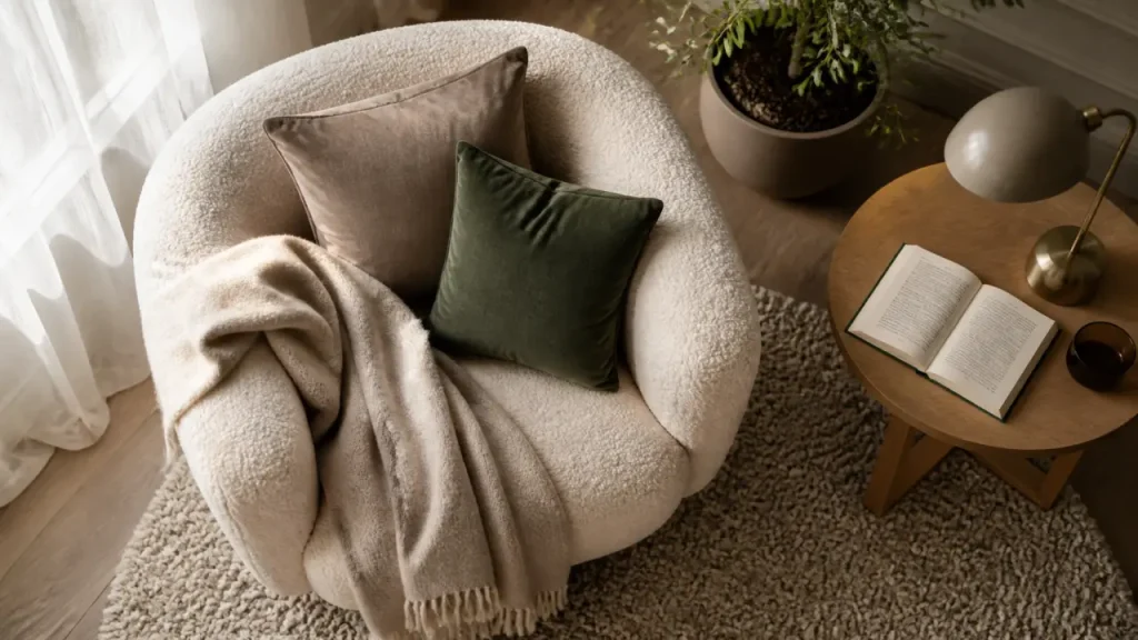 Coin cocooning salon près de la fenêtre, fauteuil bouclette et plaid
