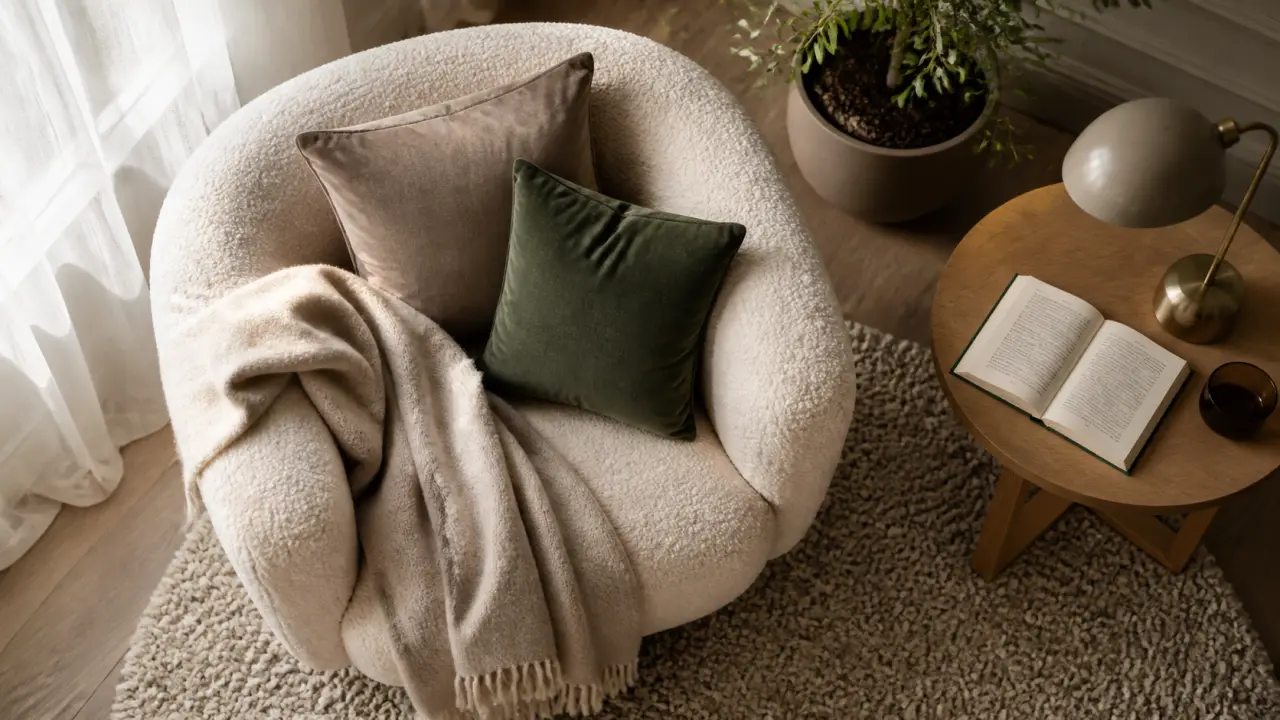 Coin cocooning salon près de la fenêtre, fauteuil bouclette et plaid