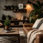 Deco salon industriel cocooning : canapé cuir vieilli, tapis berbère, matières douces
