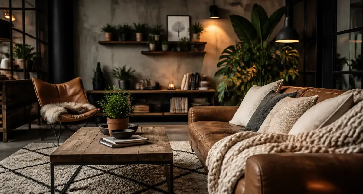 Deco salon industriel cocooning : canapé cuir vieilli, tapis berbère, matières douces