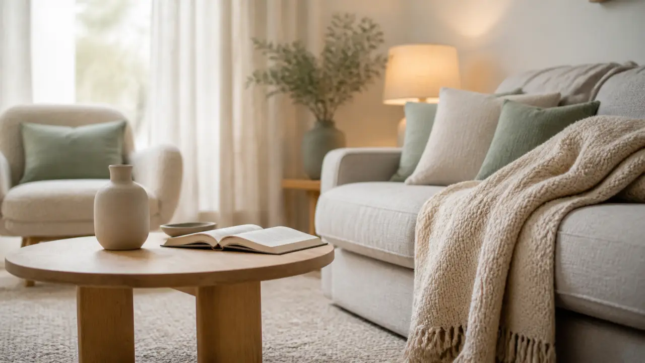 Deco scandinave cocooning : salon clair, laine beige et bois blond