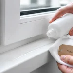 Enlever colle sur pvc fenetre : trace de colle ramollie sur cadre PVC blanc avec huile