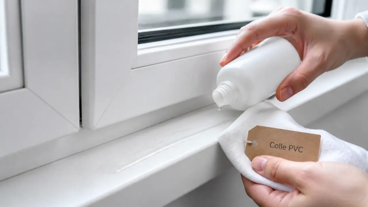 Enlever colle sur pvc fenetre : trace de colle ramollie sur cadre PVC blanc avec huile