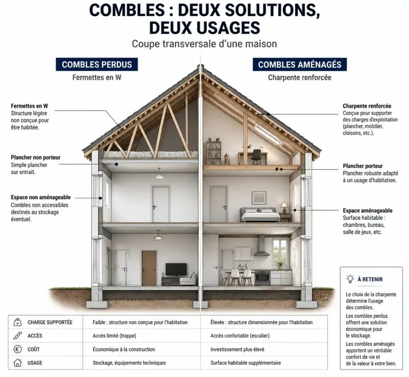 Schéma technique de l'aménagement de combles perdus avec modification de charpente