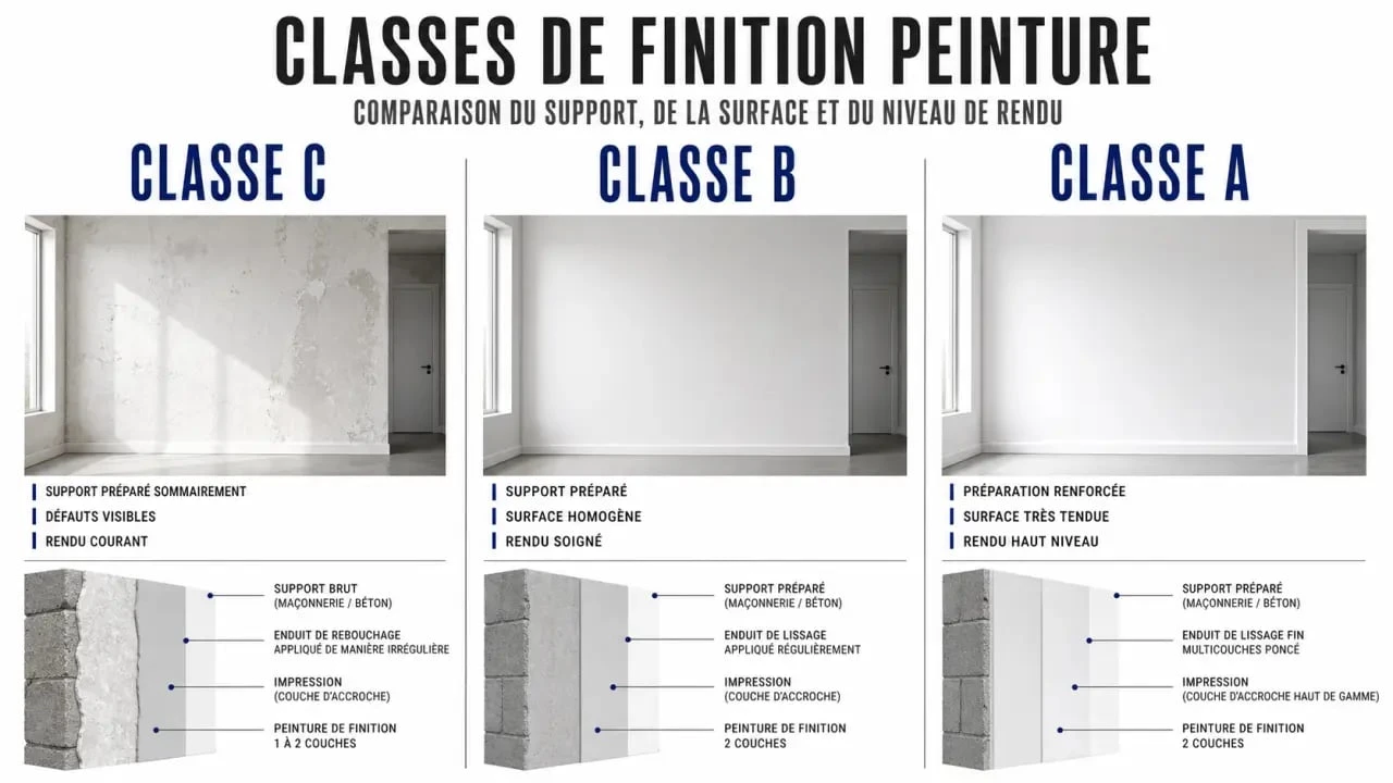 Finition a peinture : comparaison des classes A, B et C en intérieur