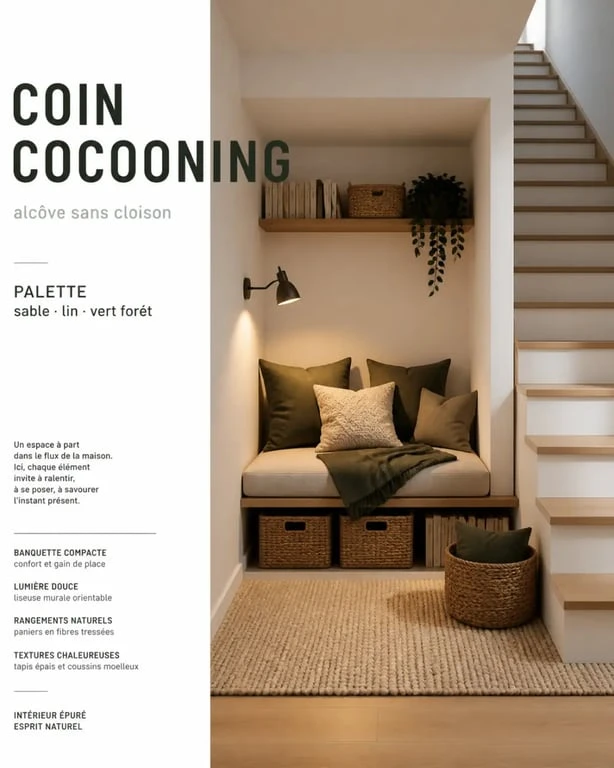 Coin cocooning salon dans un angle avec banquette, liseuse et rangement discret