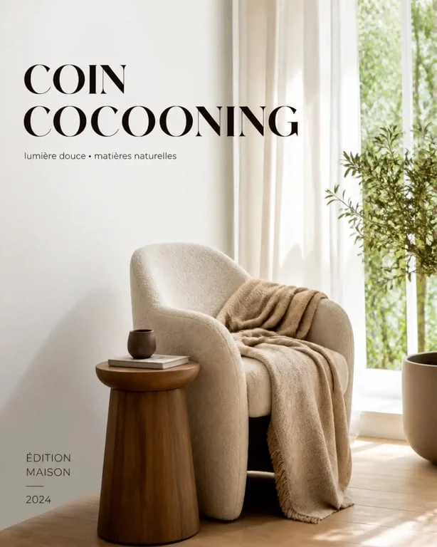 Coin cocooning salon près d’une fenêtre avec fauteuil en bouclette et lumière naturelle douce