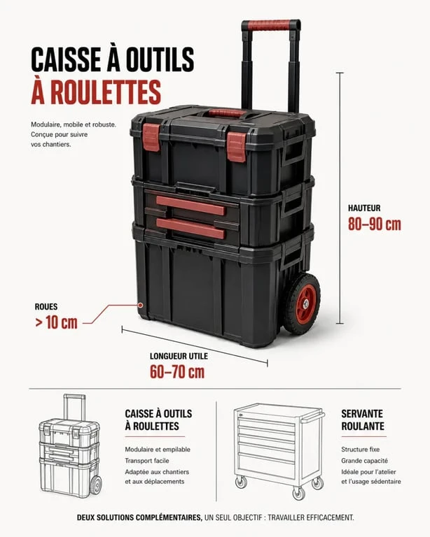 Caisse a outils a roulette avec repères de dimensions, roues et comparaison d’usage