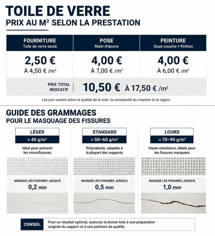 Infographie récapitulative du prix au m2 de la toile de verre et guide de choix du grammage selon l'état des murs