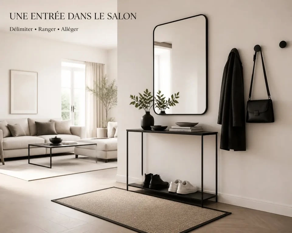Délimiter une entrée dans un salon avec un tapis, un miroir et une console compacte