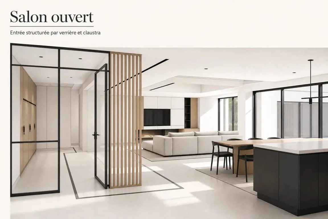 Délimiter une entrée dans un salon avec une verrière et un claustra dans un intérieur lumineux