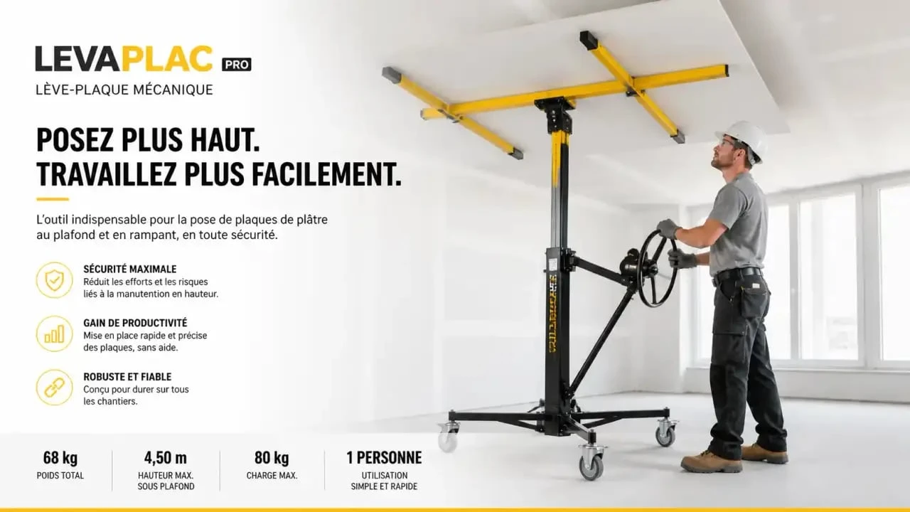 Artisan plaquiste utilisant un lève-plaque professionnel pour la pose d'un faux plafond