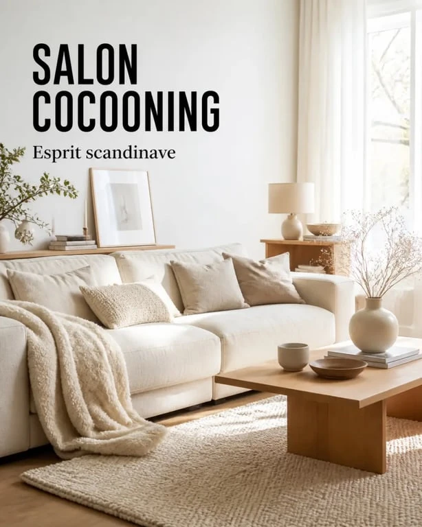Déco scandinave cocooning dans un salon lumineux avec canapé clair, bois blond et textiles texturés