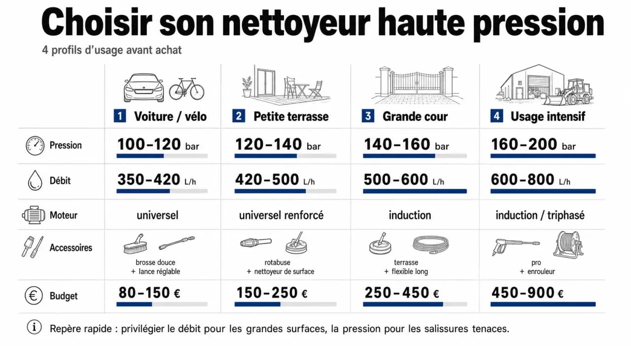 Comparatif nettoyeur haute pression achat : tableau visuel des usages, de la pression, du débit et du budget