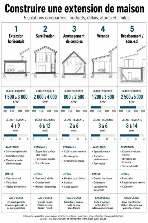 Construire une extension maison : visuel comparatif des types d’extension, budgets et délais